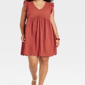 Knox Rose Ruffle Sleeve Eyelet A-Line Mini Dress in Desert Red/Burnt Orange XS